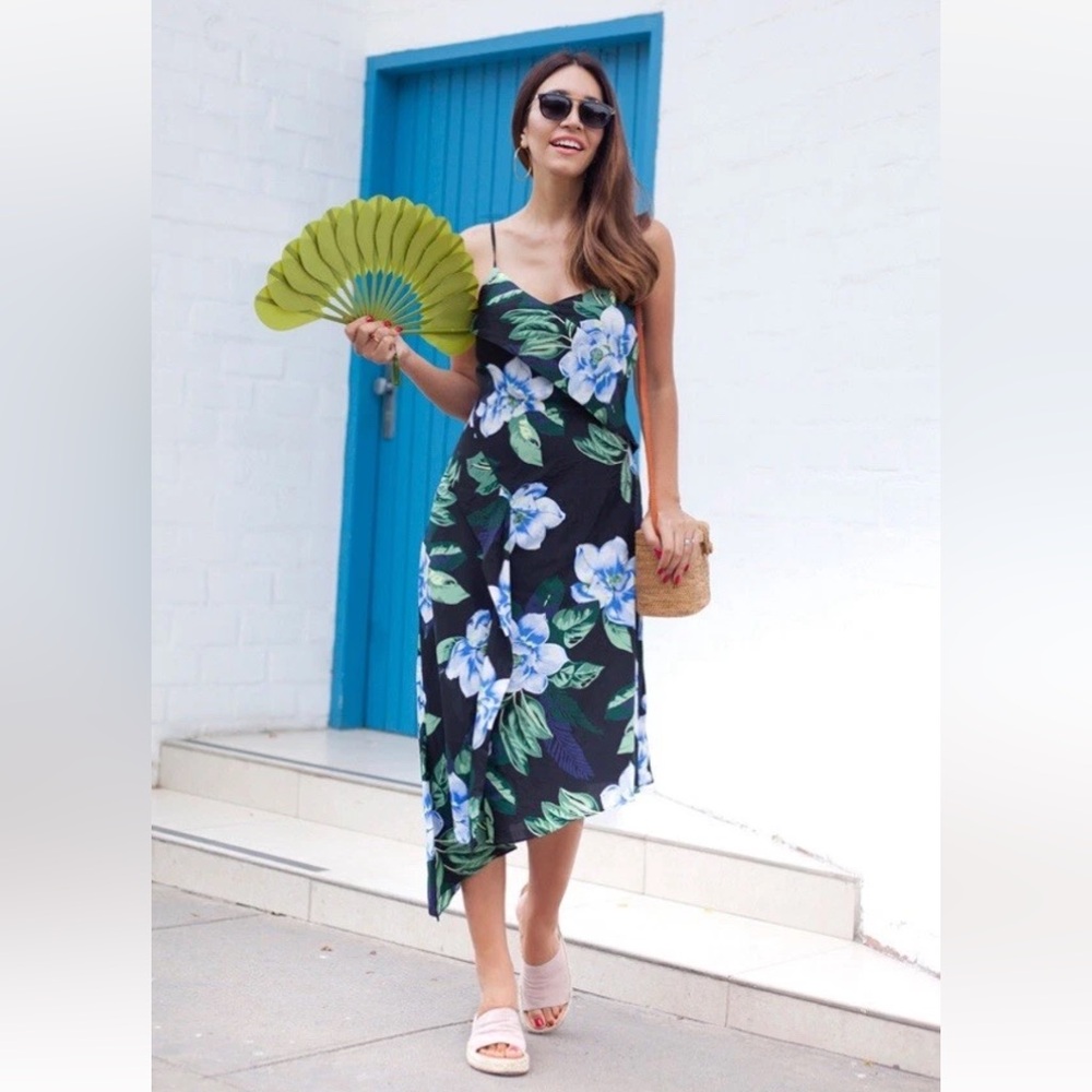 NEW! Banana Republic Asymmetrical Midi Dress Black Blue Floral Magnolia Size 2
